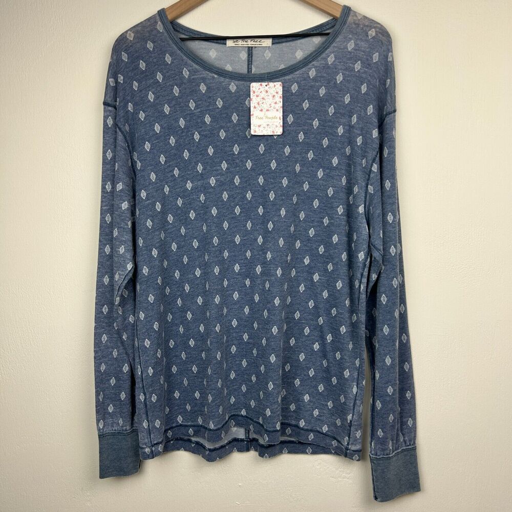 Free People Top Womens Small Blue White Long Sleeve Oversized Burnout Ladies